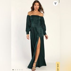 Lulu’s Emerald Satin Off the Shoulder Maxi Dress